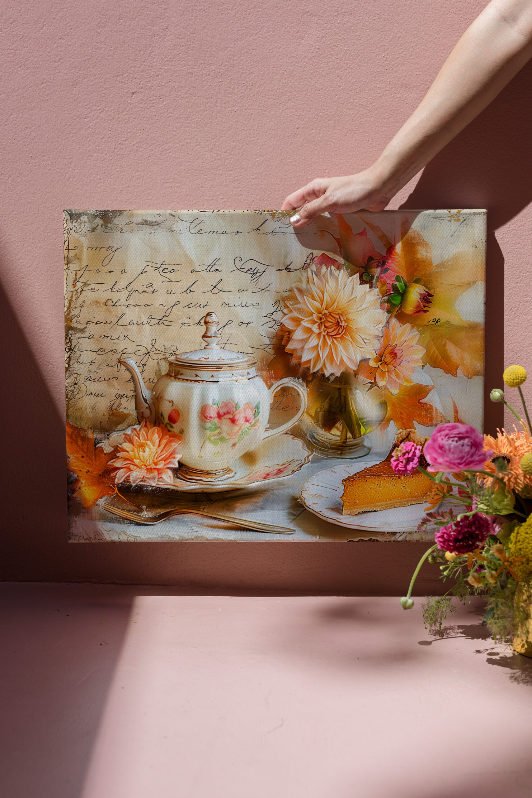raxxa Canva: Dahlia Bloom with Pumpkin Cake Slice and Teapot