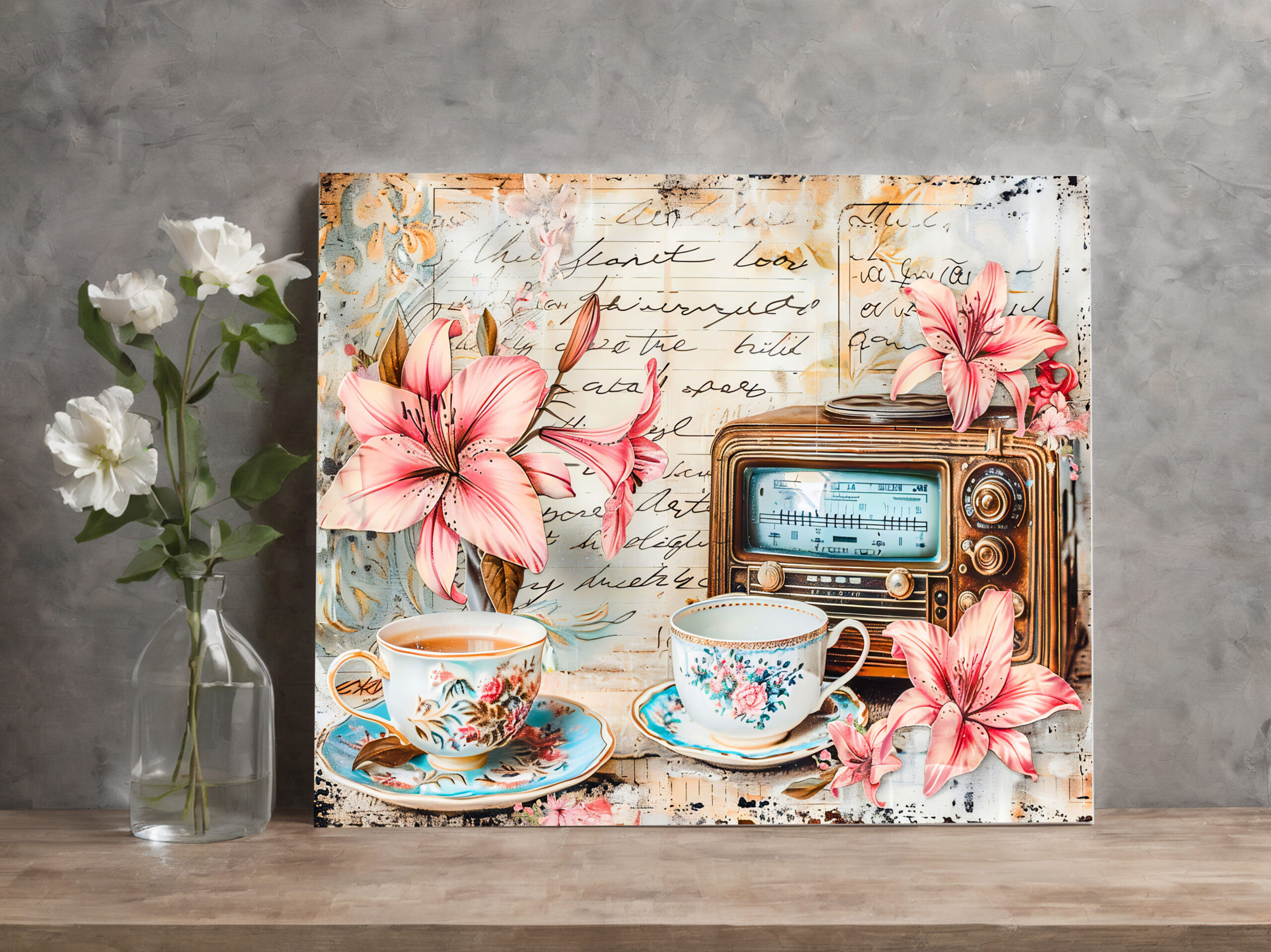 raxxa Canva: Pink Lily with Antique Radio Receiver