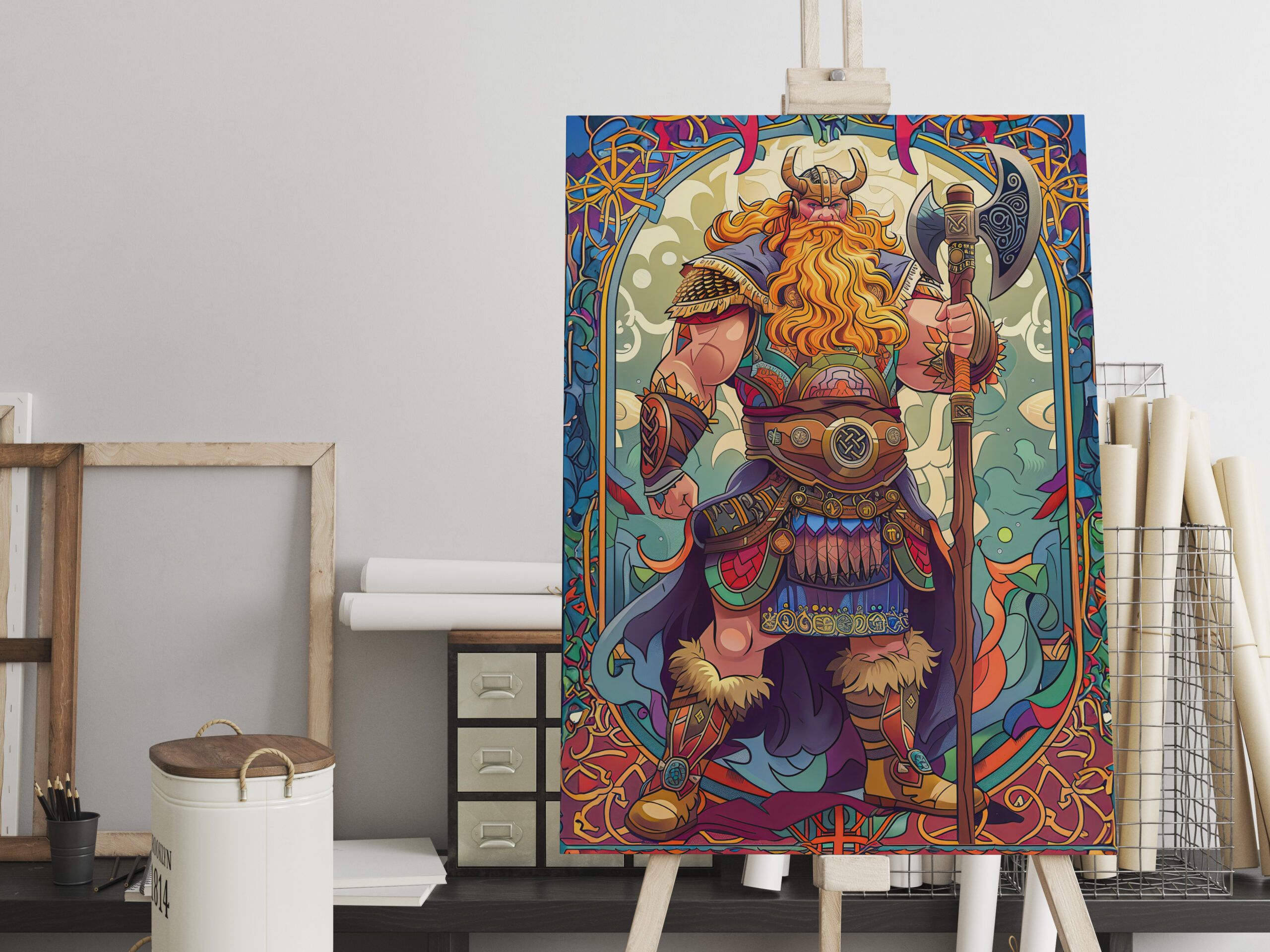 raxxa Canva: Viking Illustration Of Shieldmaiden Vow Beneath Thunderous Gray Skies