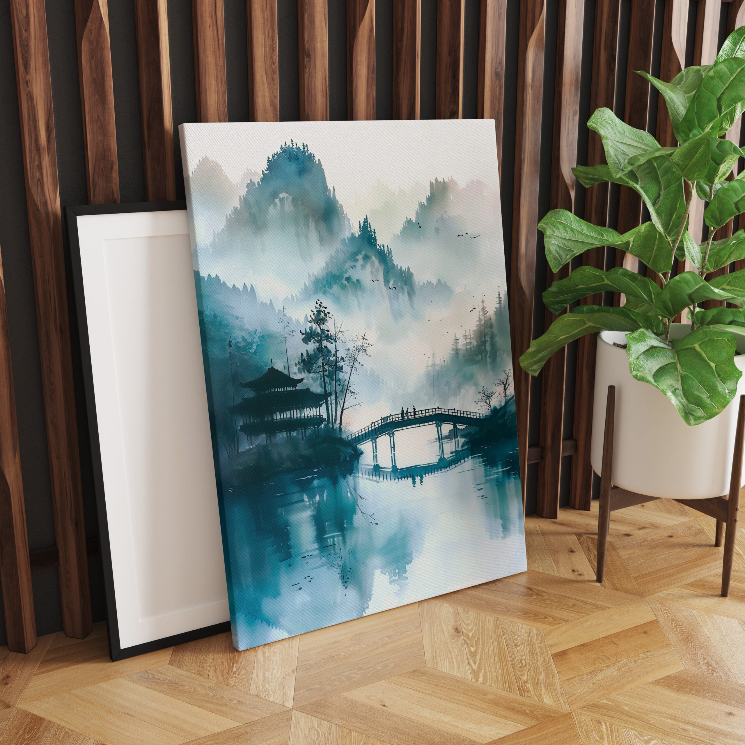 raxxa Canva: Mountain Landscape In China With Temple And Bridge In Blue‑Green Tones – Bild 2