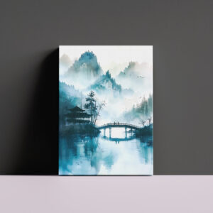 raxxa Canva: Mountain Landscape In China With Temple And Bridge In Blue‑Green Tones
