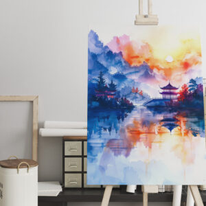 raxxa Canva: Mountain Landscape In China With Temple In Blue, Yellow And Red Tones