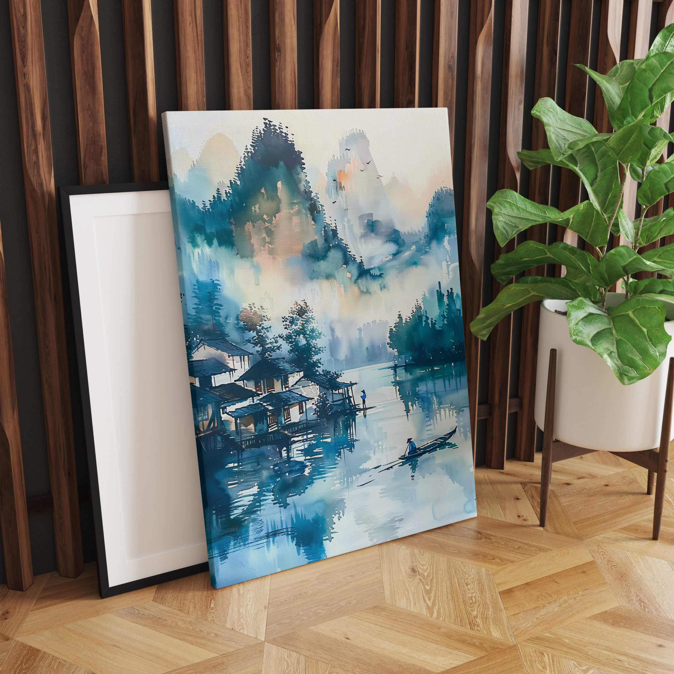 raxxa Canva: Mountain Landscape With Lakeside Village And Fisher Boat In Blue‑Orange Palette - Image 2