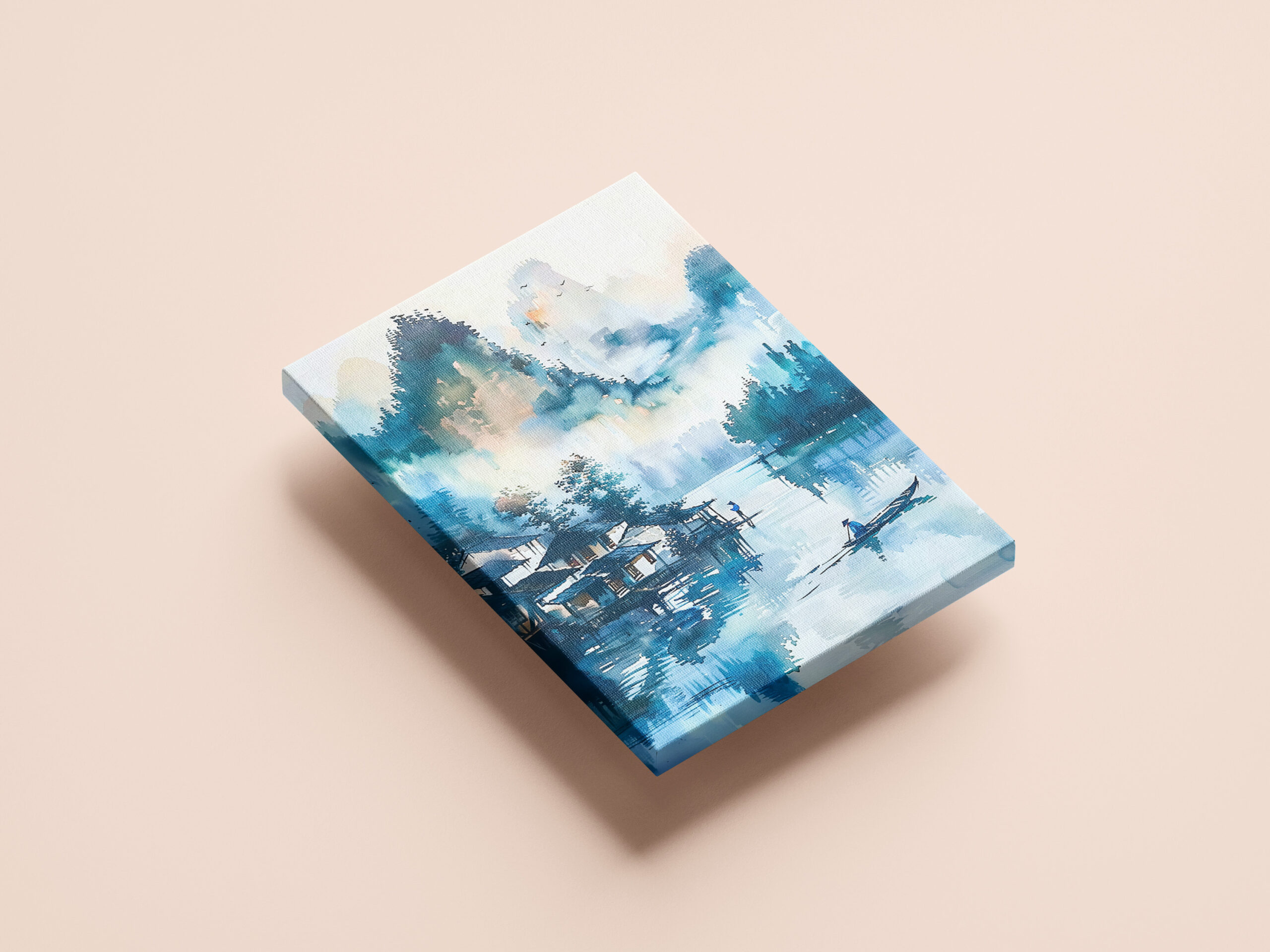 raxxa Canva: Mountain Landscape With Lakeside Village And Fisher Boat In Blue‑Orange Palette - Image 3