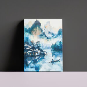 raxxa Canva: Mountain Landscape With Lakeside Village And Fisher Boat In Blue‑Orange Palette