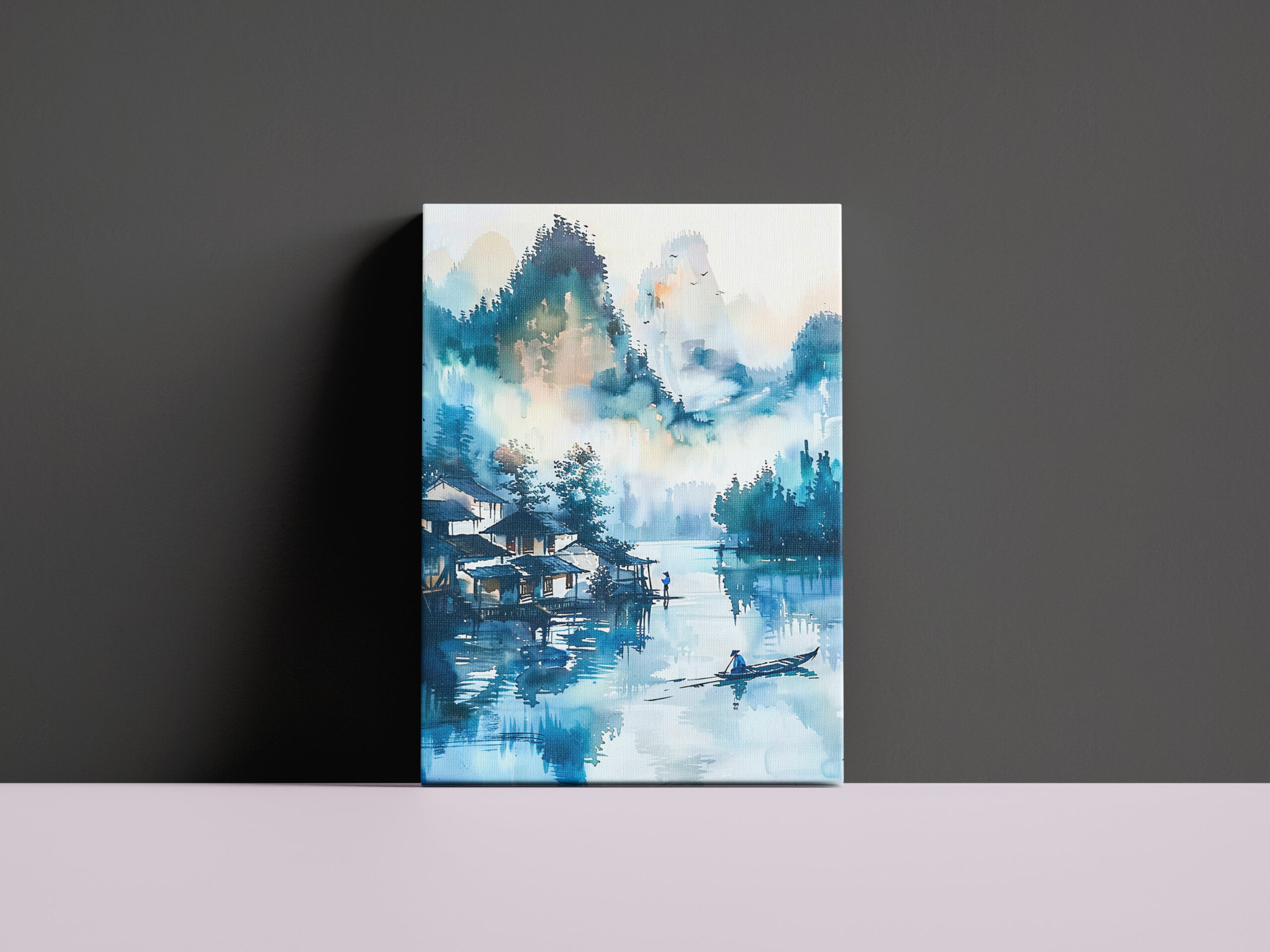 raxxa Canva: Mountain Landscape With Lakeside Village And Fisher Boat In Blue‑Orange Palette