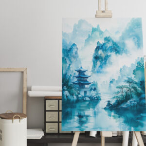 raxxa Canva: Pagoda At Riverbank In Chinese Mountains With Blue‑Turquoise Palette