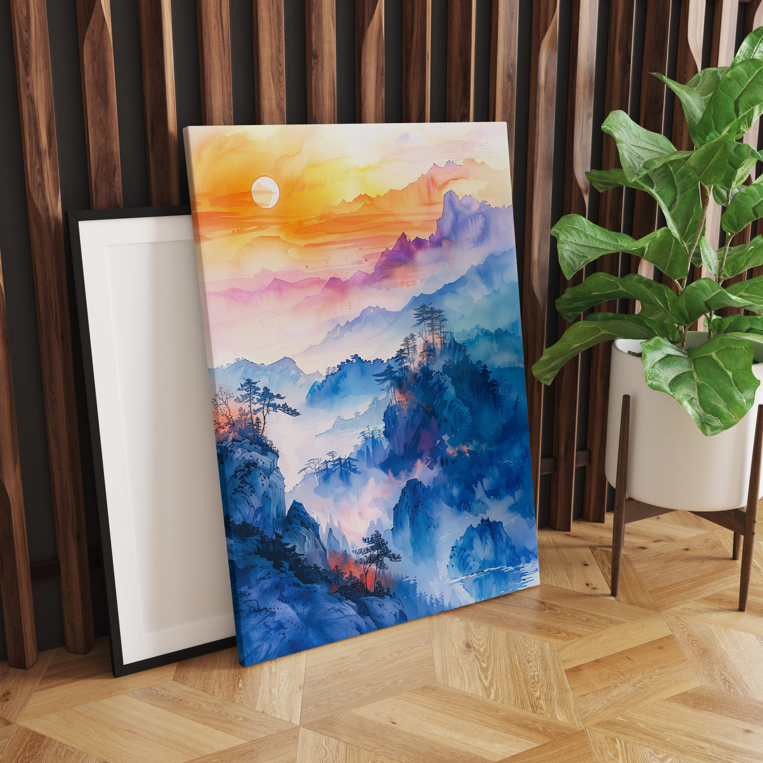 raxxa Canva: Mountain Landscape At Sunrise In Blue, Purple, Orange And Yellow Chinese Ink