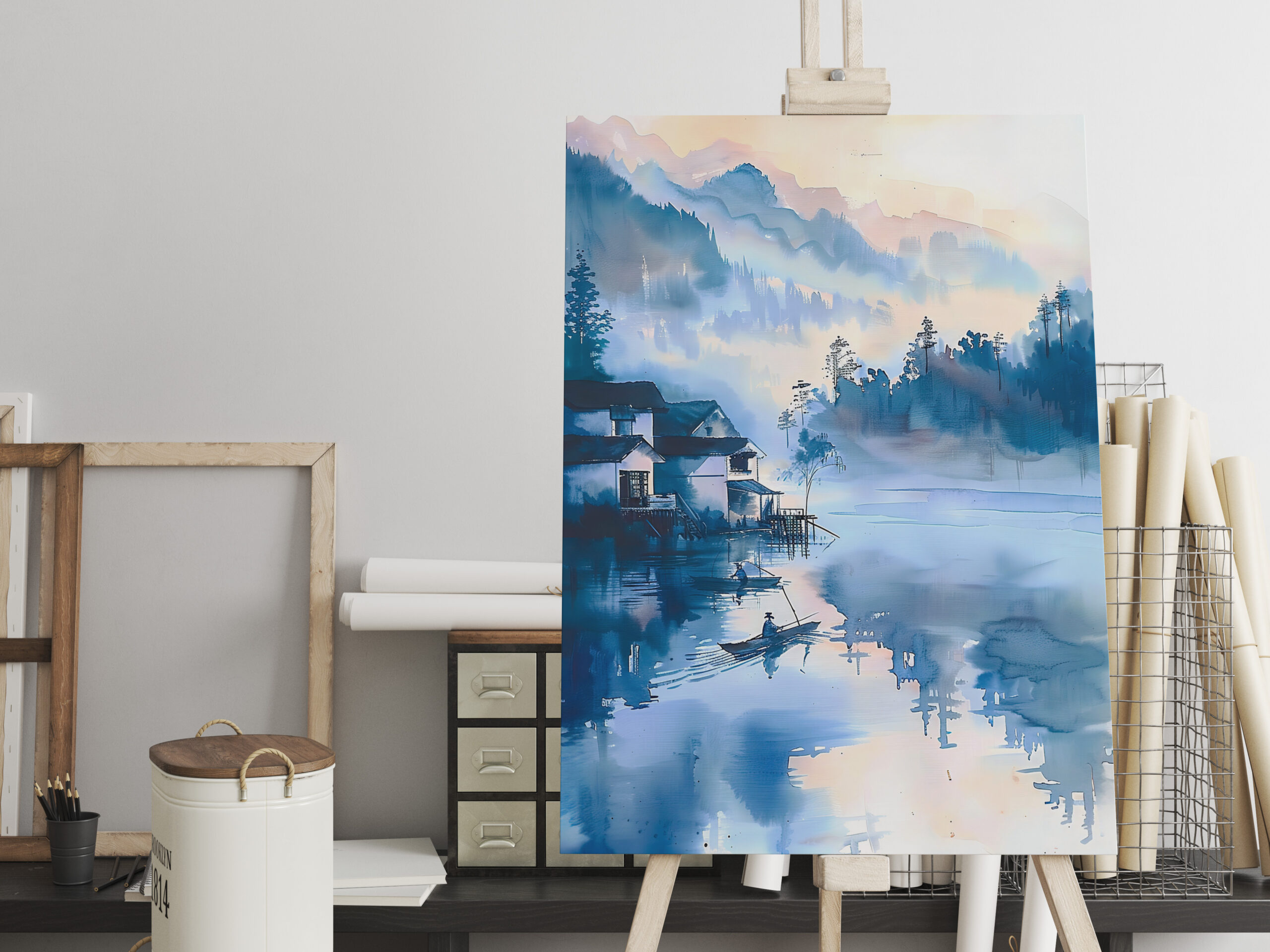 raxxa Canva: Lakeside Mountain Village With Quiet Fisher Boat In Blue‑Orange Chinese Ink – Bild 2