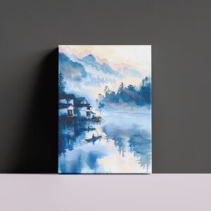 raxxa Canva: Lakeside Mountain Village With Quiet Fisher Boat In Blue‑Orange Chinese Ink