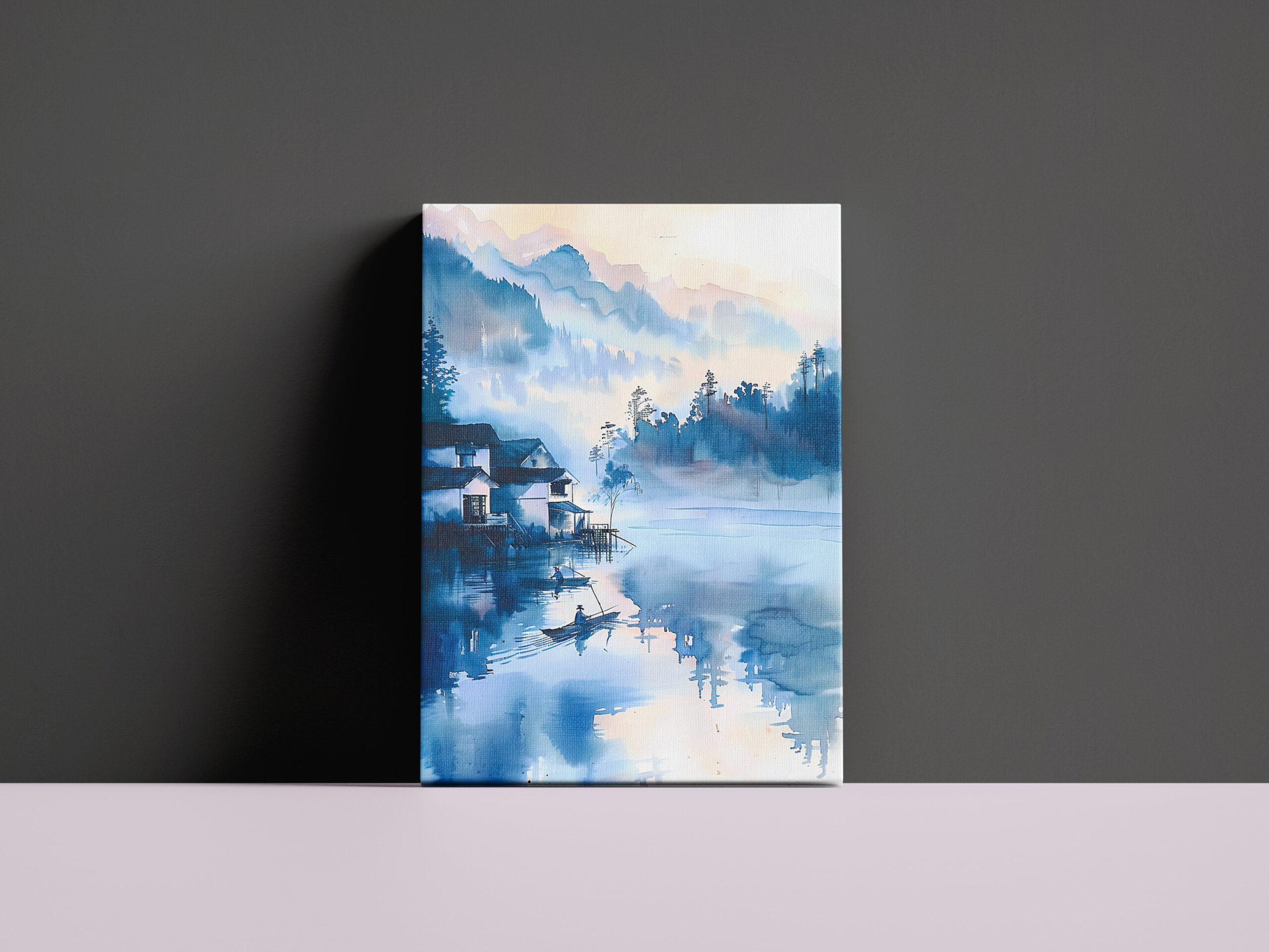 raxxa Canva: Lakeside Mountain Village With Quiet Fisher Boat In Blue‑Orange Chinese Ink