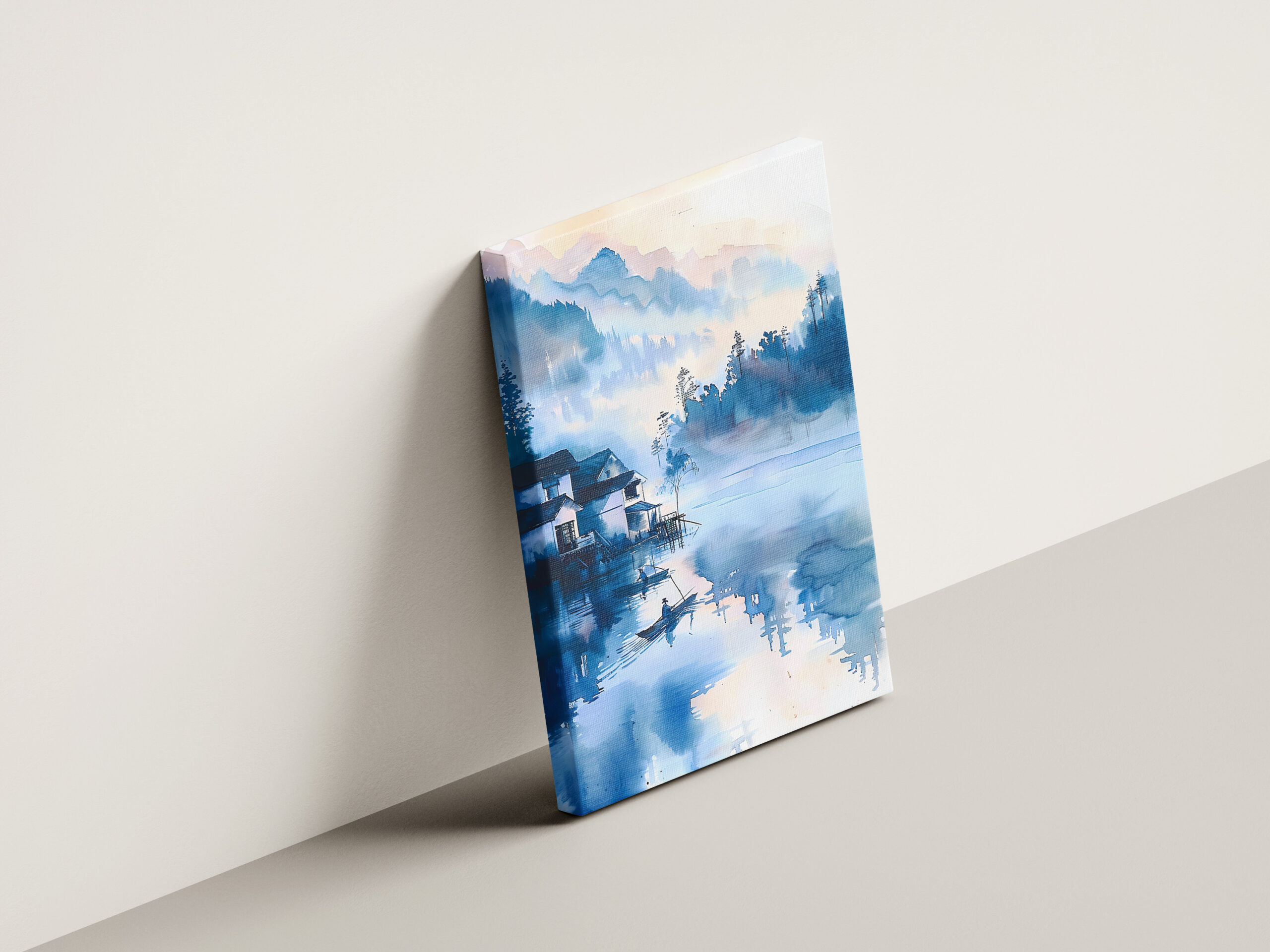 raxxa Canva: Lakeside Mountain Village With Quiet Fisher Boat In Blue‑Orange Chinese Ink – Bild 3