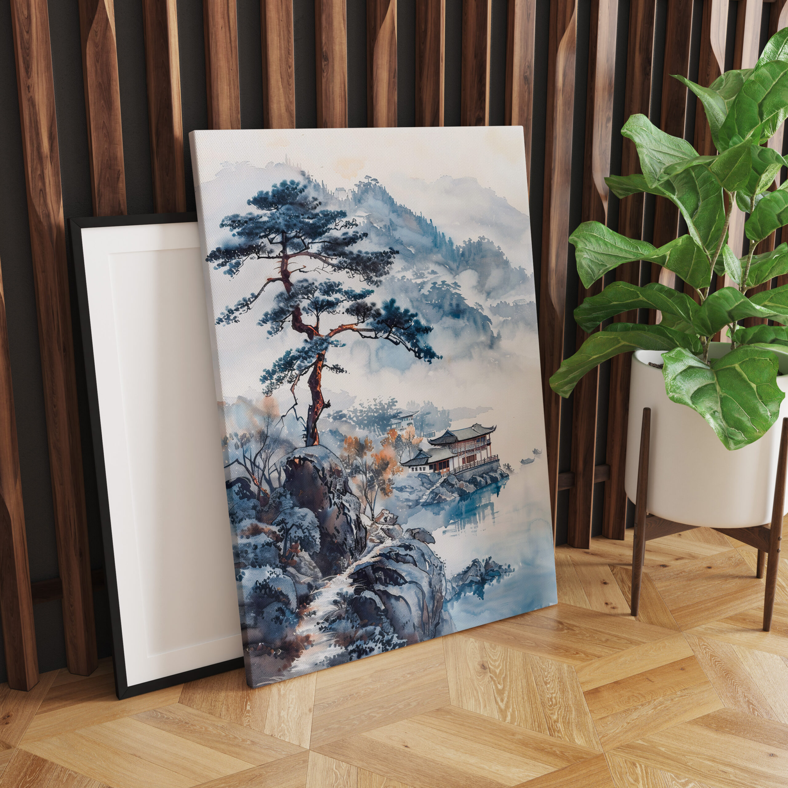 raxxa Canva: Pine At Lakeshore With Distant Temple And Mountain Silhouette In Chinese Ink – Bild 2