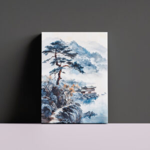 raxxa Canva: Pine At Lakeshore With Distant Temple And Mountain Silhouette In Chinese Ink