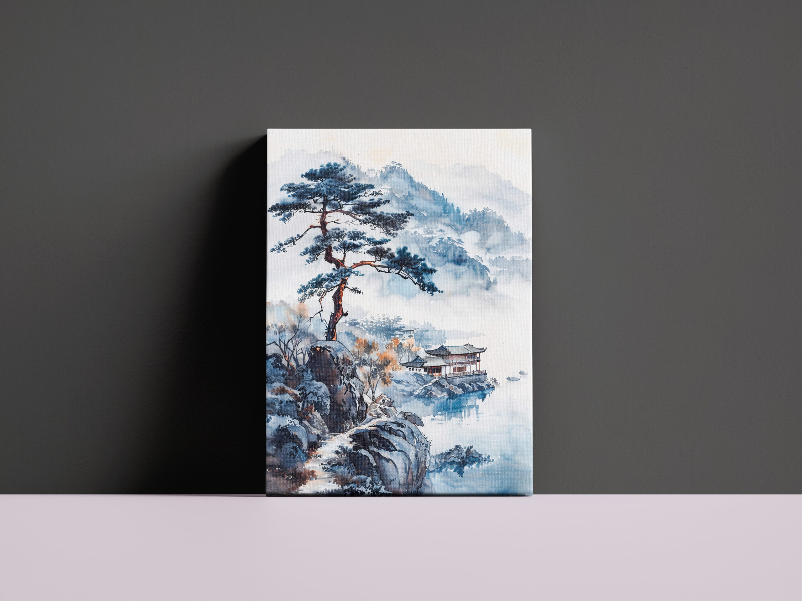 raxxa Canva: Pine At Lakeshore With Distant Temple And Mountain Silhouette In Chinese Ink