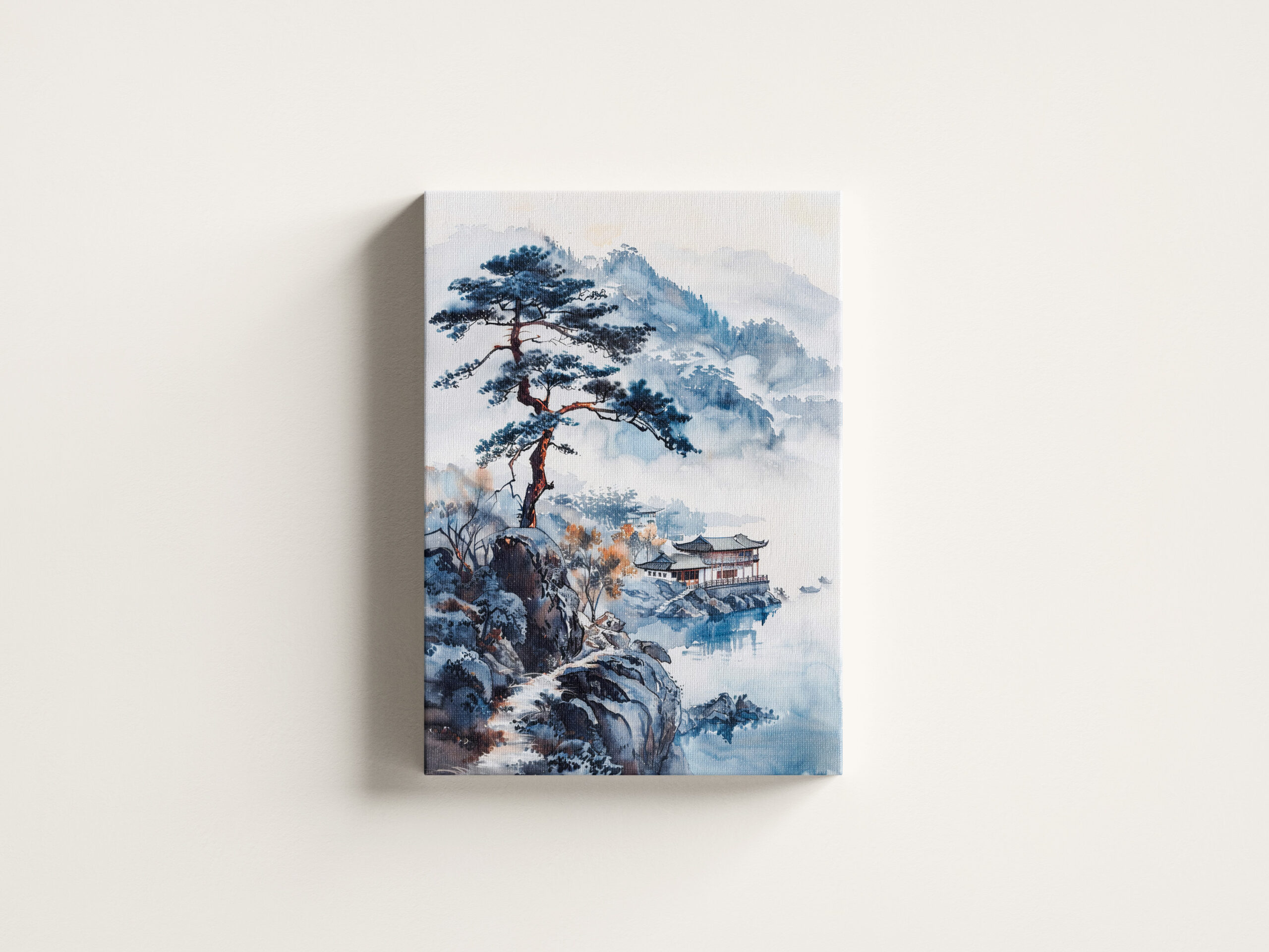 raxxa Canva: Pine At Lakeshore With Distant Temple And Mountain Silhouette In Chinese Ink – Bild 3