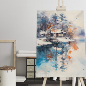 raxxa Canva: Temple At Autumn Lakeshore In Mountain Landscape With Chinese Ink Style