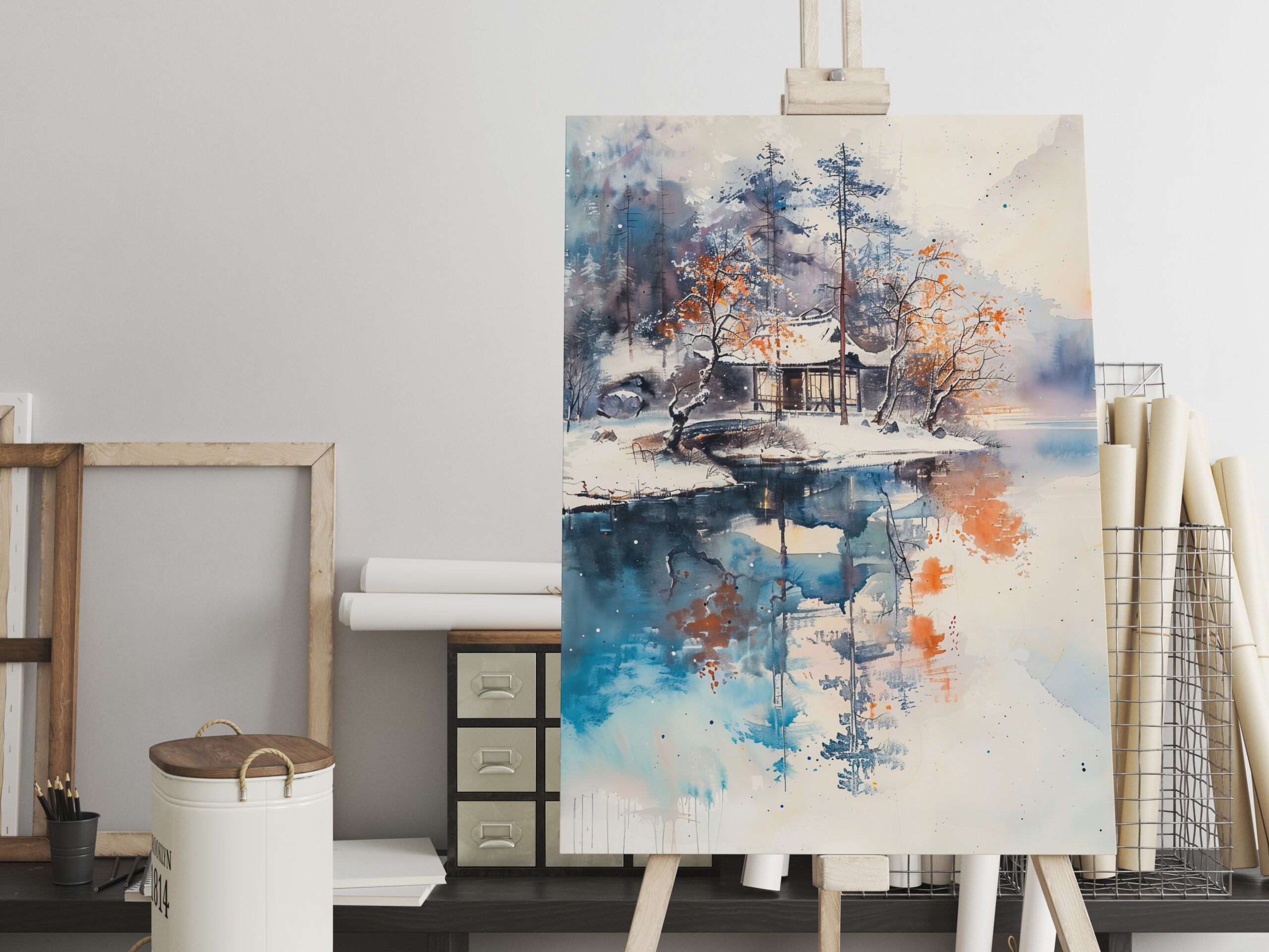 raxxa Canva: Temple At Autumn Lakeshore In Mountain Landscape With Chinese Ink Style