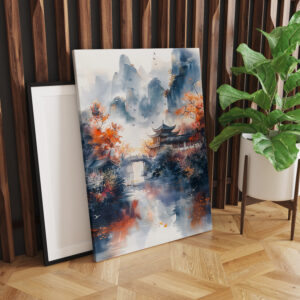 raxxa Canva: Autumn Trees By Lakeshore With Temple Bridge In Chinese Ink Style
