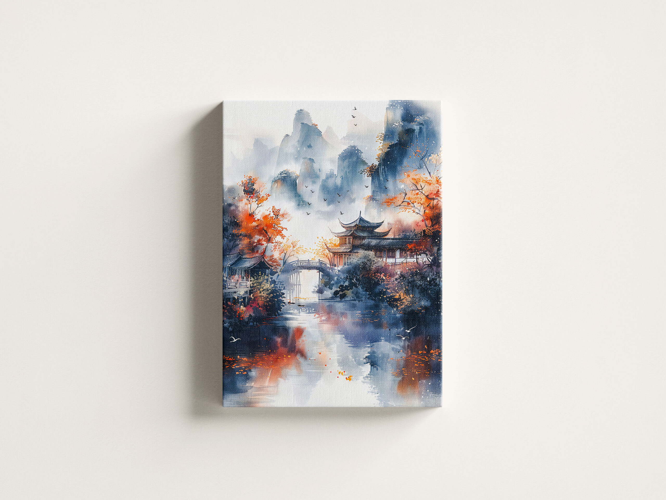raxxa Canva: Autumn Trees By Lakeshore With Temple Bridge In Chinese Ink Style – Bild 3
