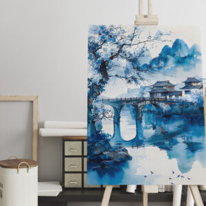 raxxa Canva: Large Cherry Tree At Riverbank With Temple Bridge And Mountain Panorama In Chinese Ink