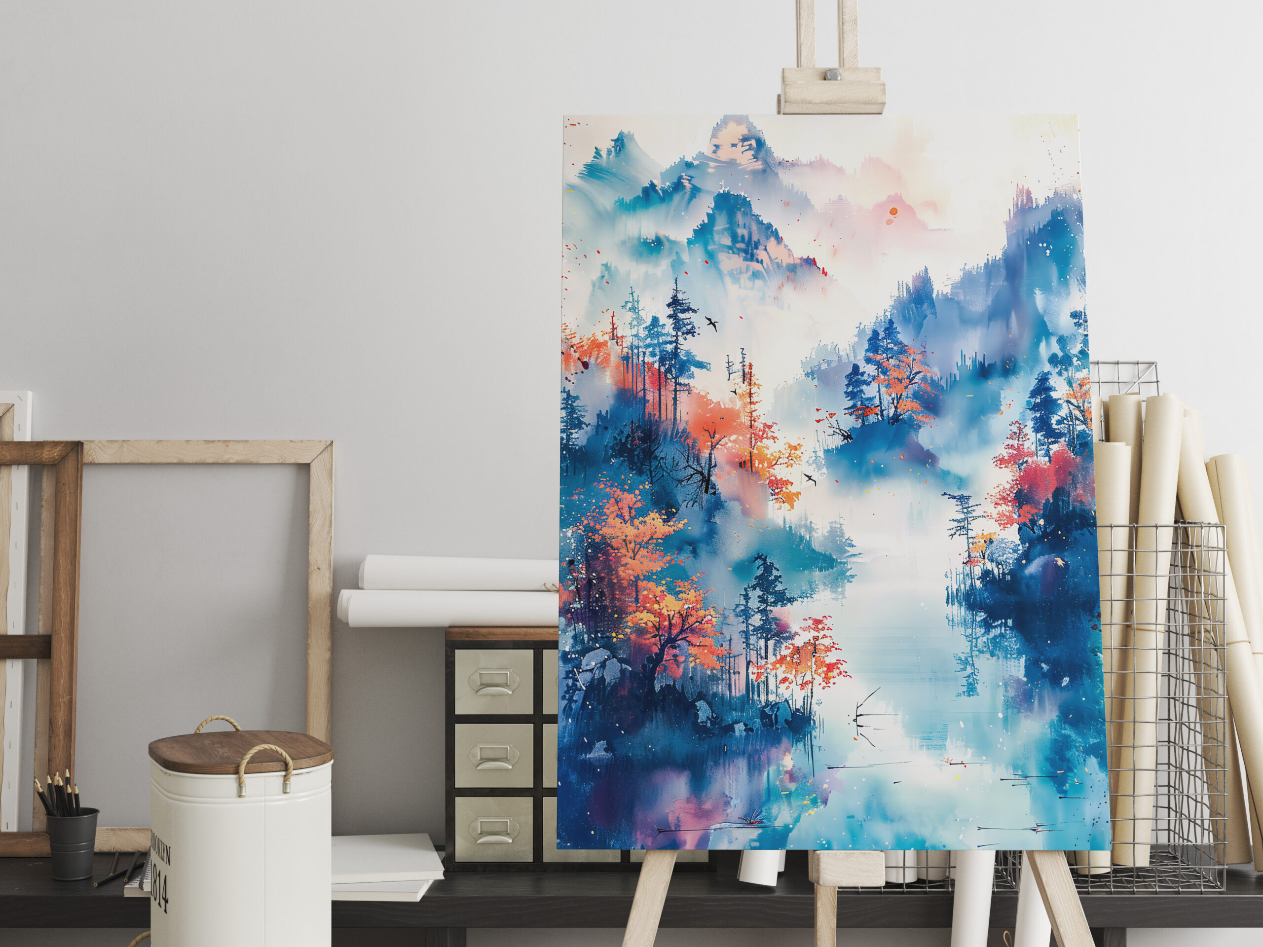 raxxa Canva: Autumn Landscape With Colorful Trees, River And Misty Mountain Panorama In Chinese Ink – Bild 2