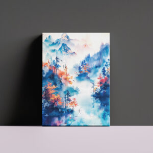 raxxa Canva: Autumn Landscape With Colorful Trees, River And Misty Mountain Panorama In Chinese Ink
