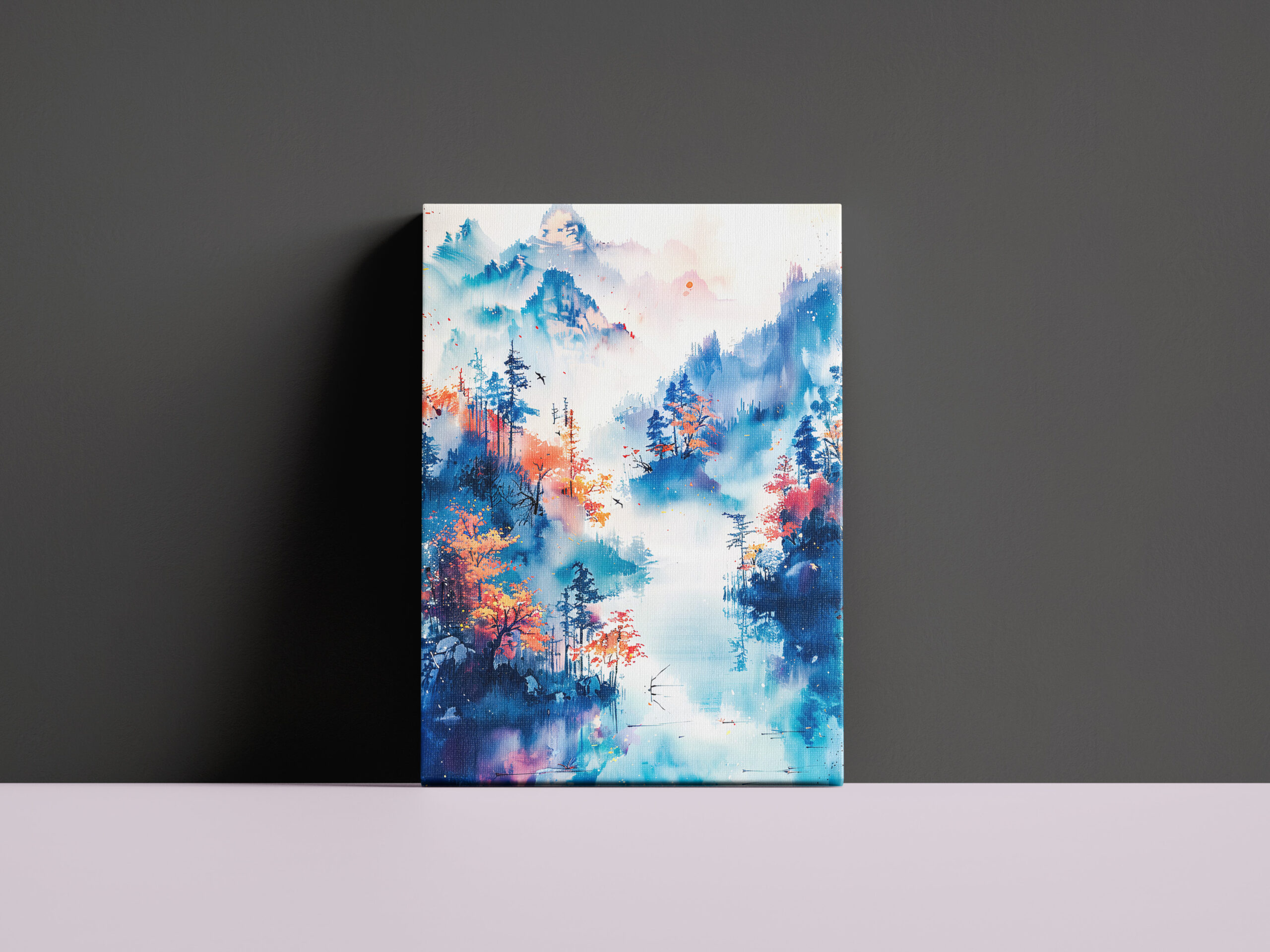 raxxa Canva: Autumn Landscape With Colorful Trees, River And Misty Mountain Panorama In Chinese Ink