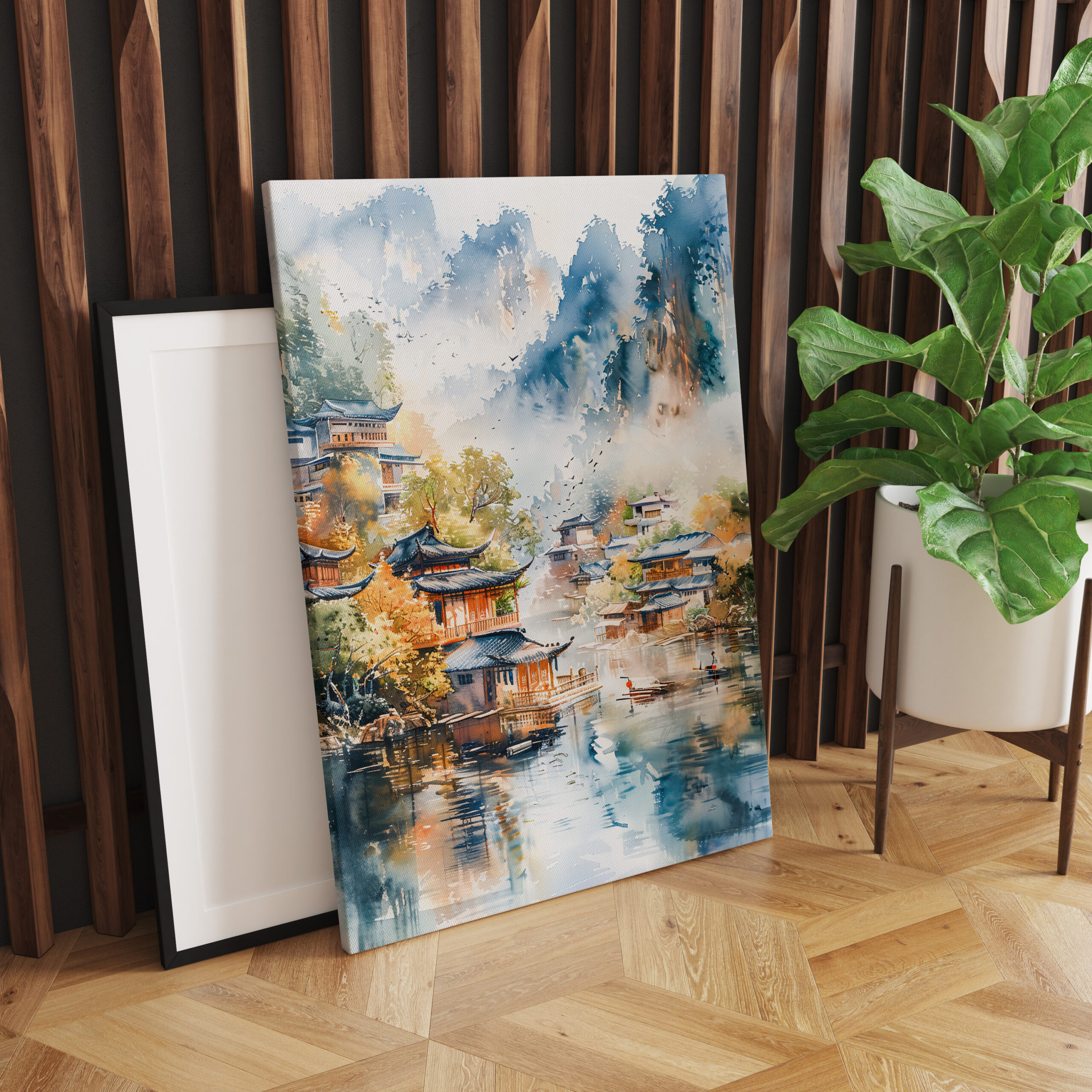 raxxa Canva: Mountain River Valley With Village On Both Banks In Chinese Ink Style – Image 2