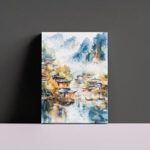 raxxa Canva: Mountain River Valley With Village On Both Banks In Chinese Ink Style