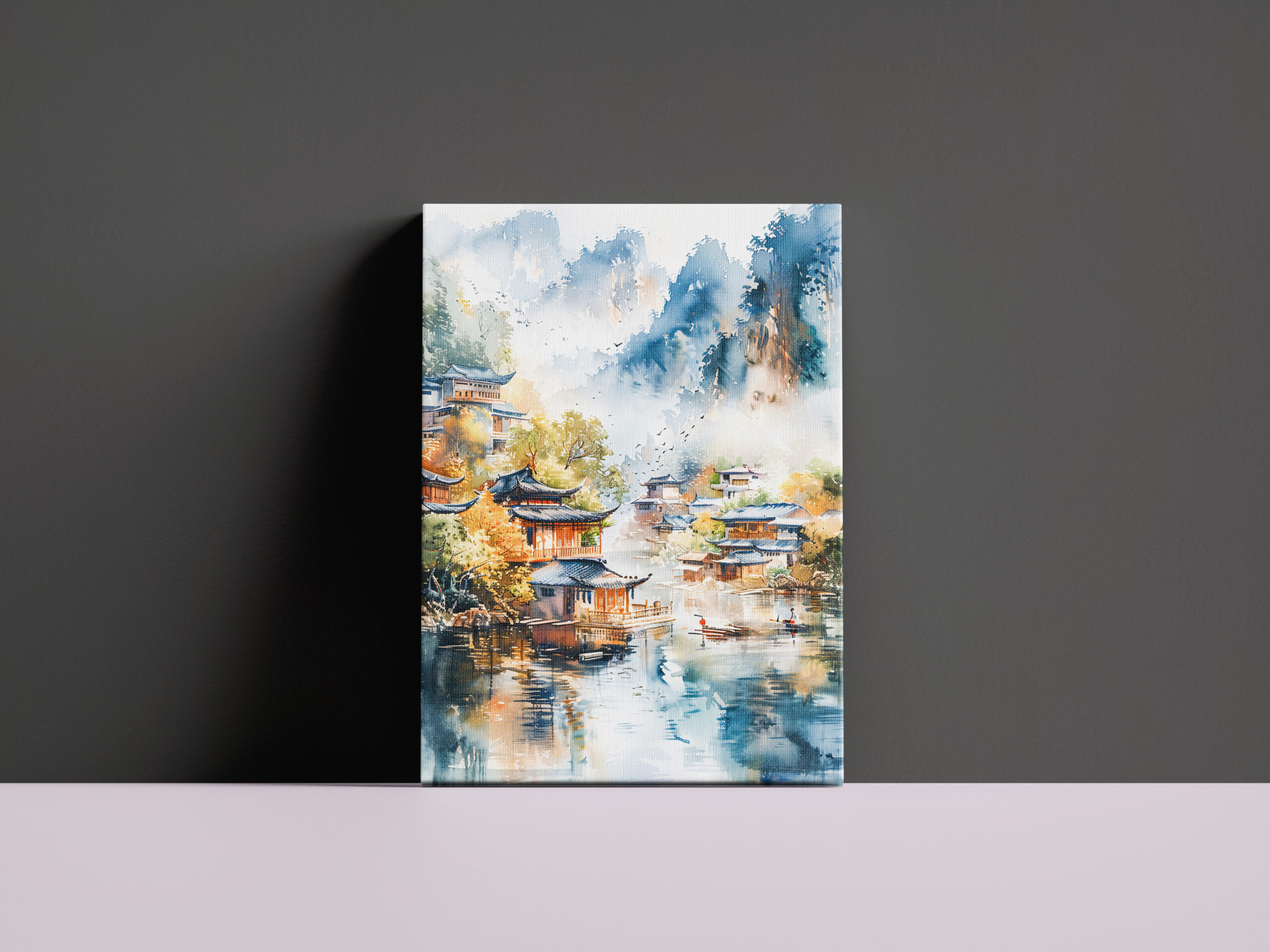 raxxa Canva: Mountain River Valley With Village On Both Banks In Chinese Ink Style