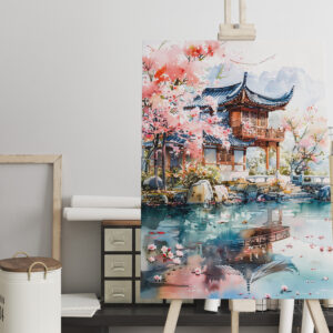 raxxa Canva: Temple Complex With Blooming Cherry Tree Reflected In Lakeside Water Chinese Ink