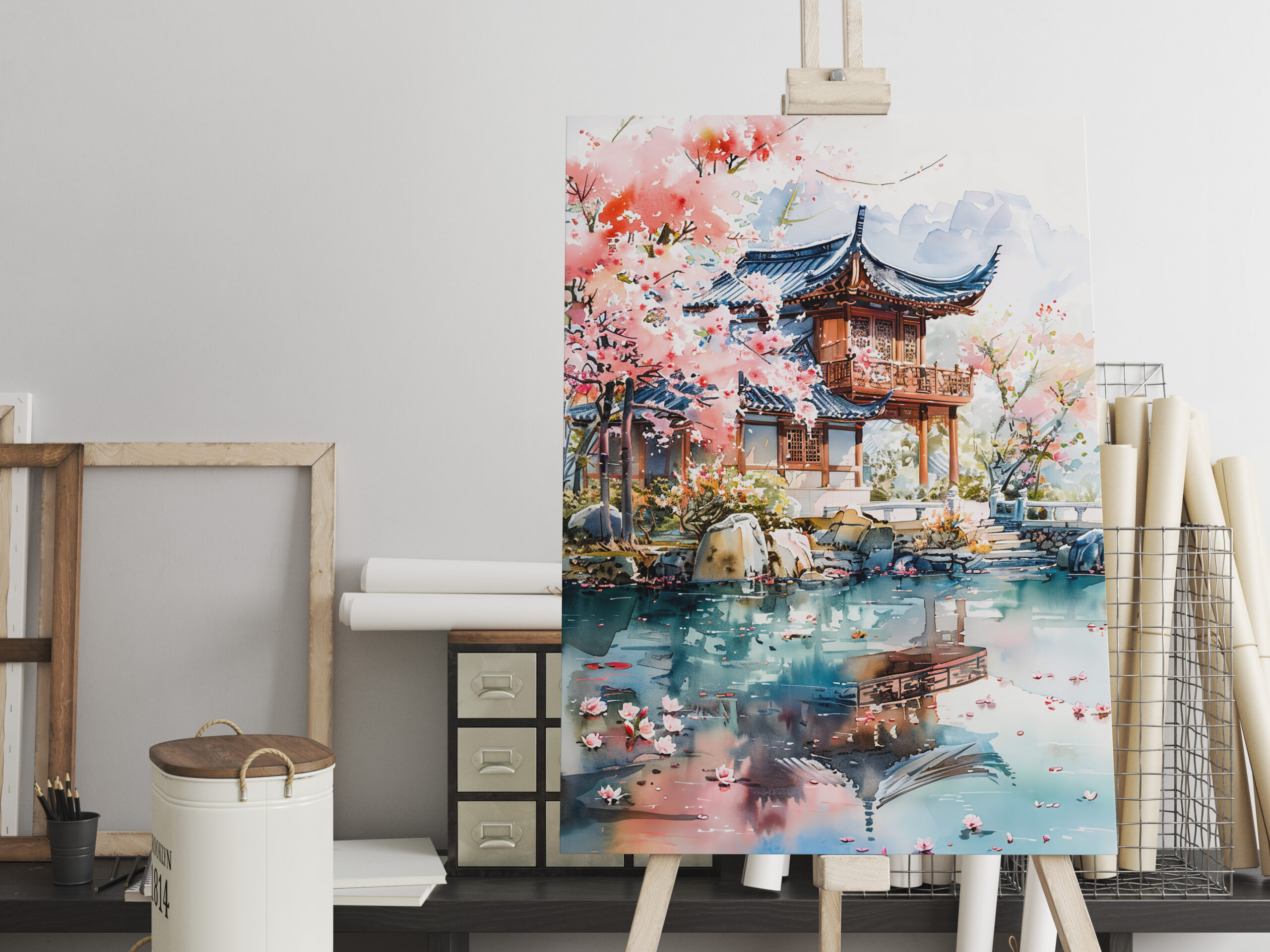 raxxa Canva: Temple Complex With Blooming Cherry Tree Reflected In Lakeside Water Chinese Ink