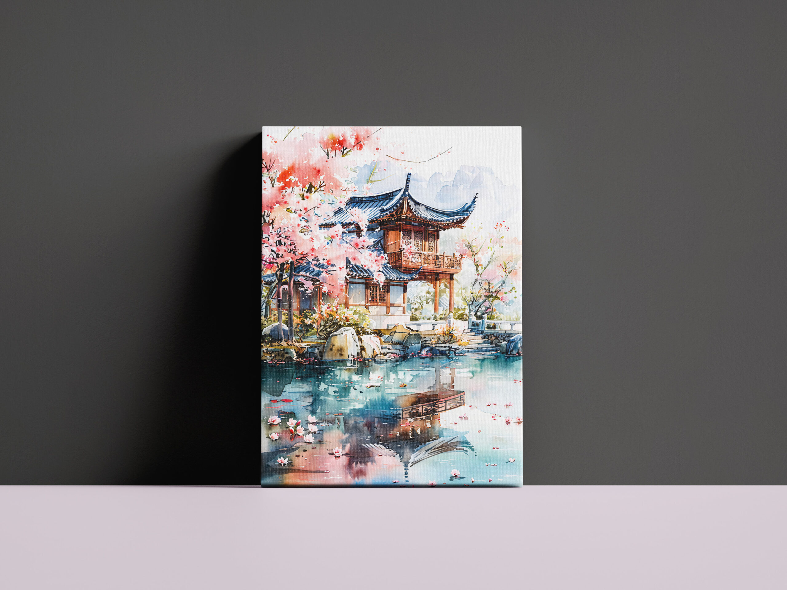 raxxa Canva: Temple Complex With Blooming Cherry Tree Reflected In Lakeside Water Chinese Ink – Bild 3