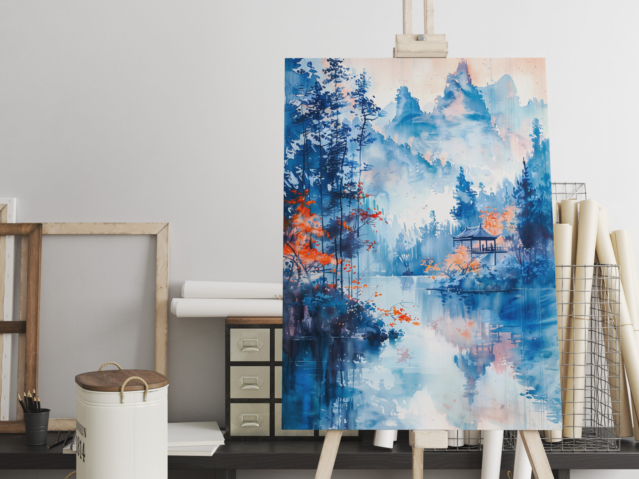 raxxa Canva: Autumn Forest Landscape With Temple By Lakeside And Mountain Backdrop In Chinese Ink – Bild 2