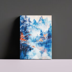 raxxa Canva: Autumn Forest Landscape With Temple By Lakeside And Mountain Backdrop In Chinese Ink