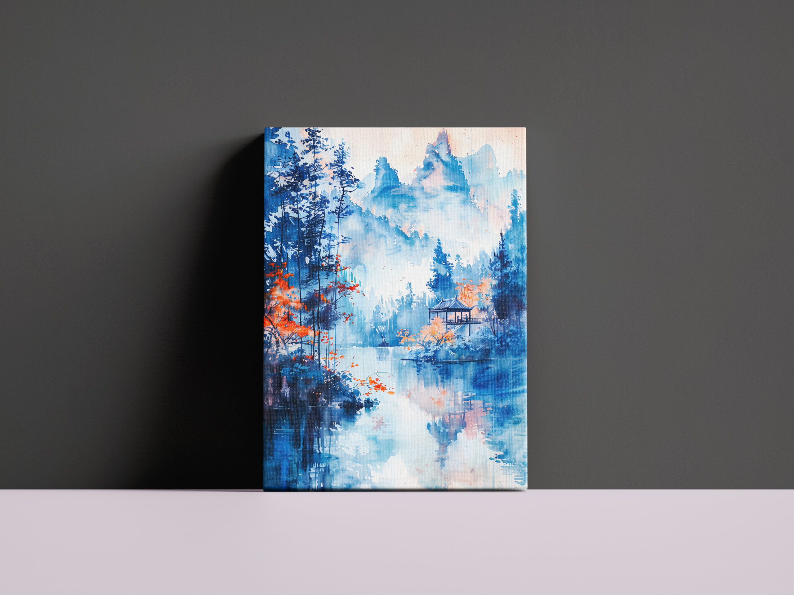 raxxa Canva: Autumn Forest Landscape With Temple By Lakeside And Mountain Backdrop In Chinese Ink