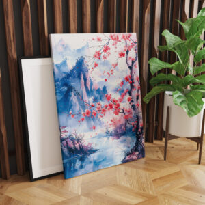 raxxa Canva: Blooming Cherry Tree With Mountain Range And Lakeside View In Chinese Ink