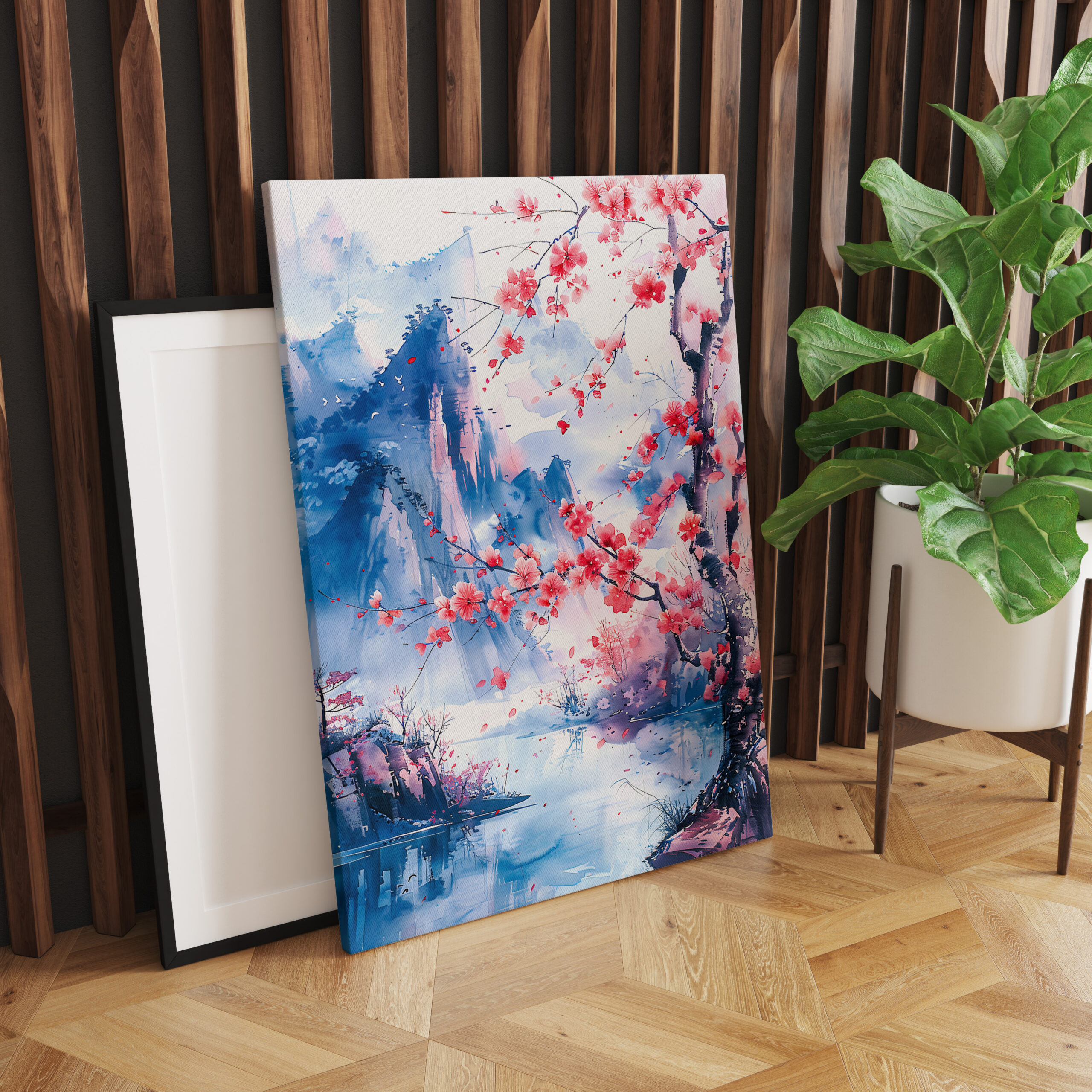 raxxa Canva: Blooming Cherry Tree With Mountain Range And Lakeside View In Chinese Ink
