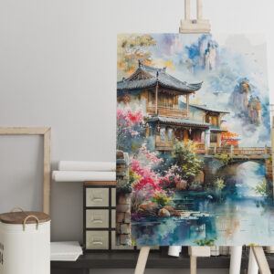 raxxa Canva: Temple Complex By Riverside With Bridge And Blooming Cherry Trees In Chinese Ink