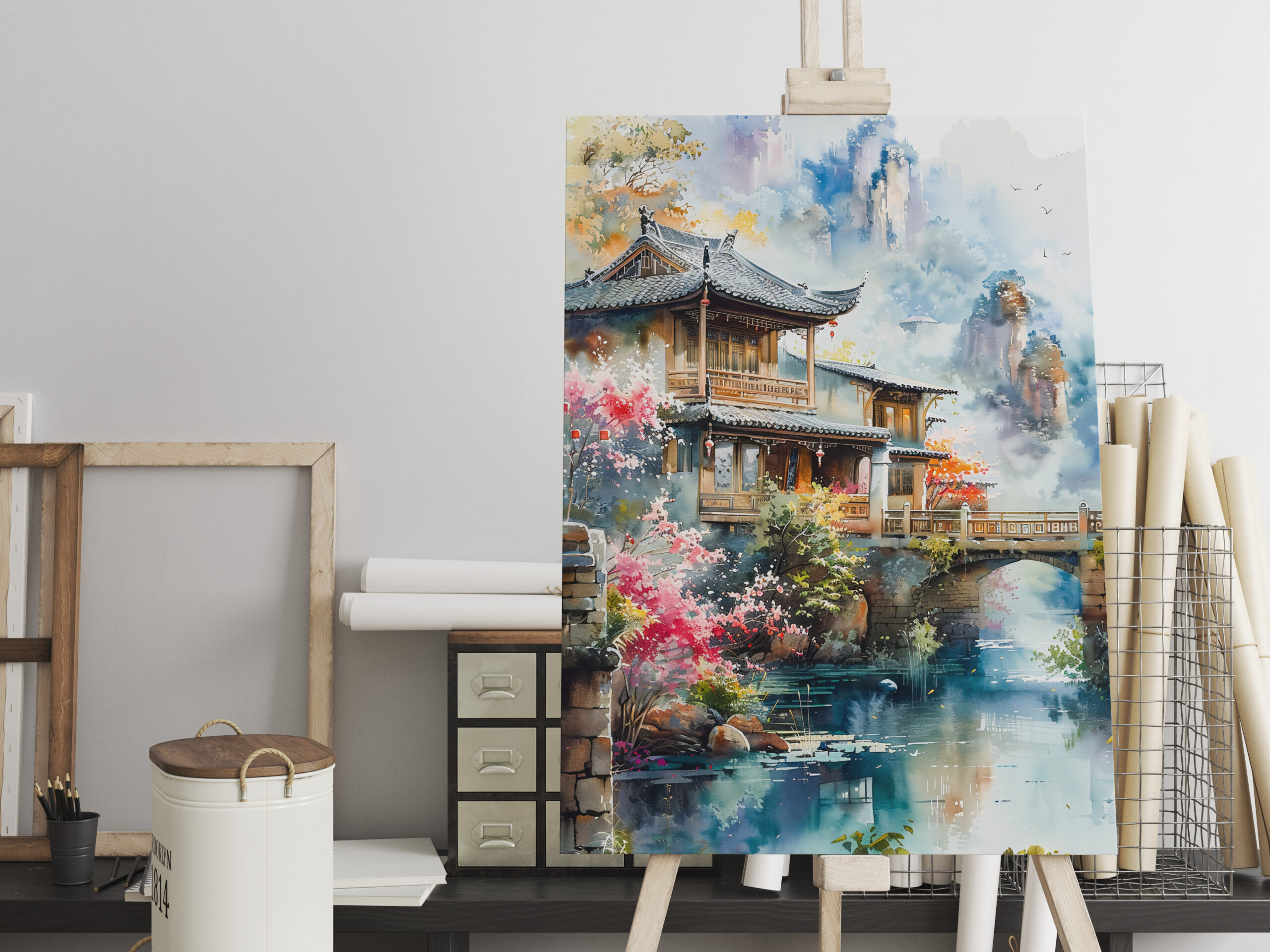 raxxa Canva: Temple Complex By Riverside With Bridge And Blooming Cherry Trees In Chinese Ink