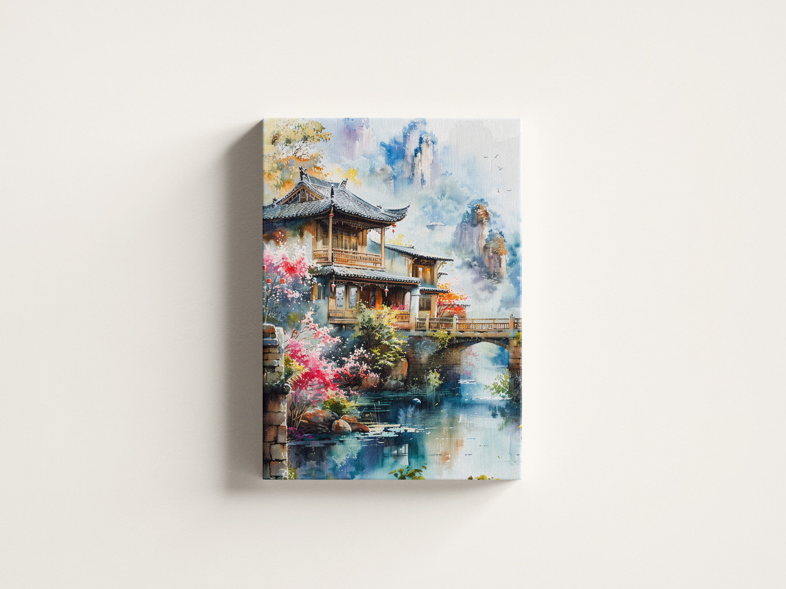 raxxa Canva: Temple Complex By Riverside With Bridge And Blooming Cherry Trees In Chinese Ink - Image 3