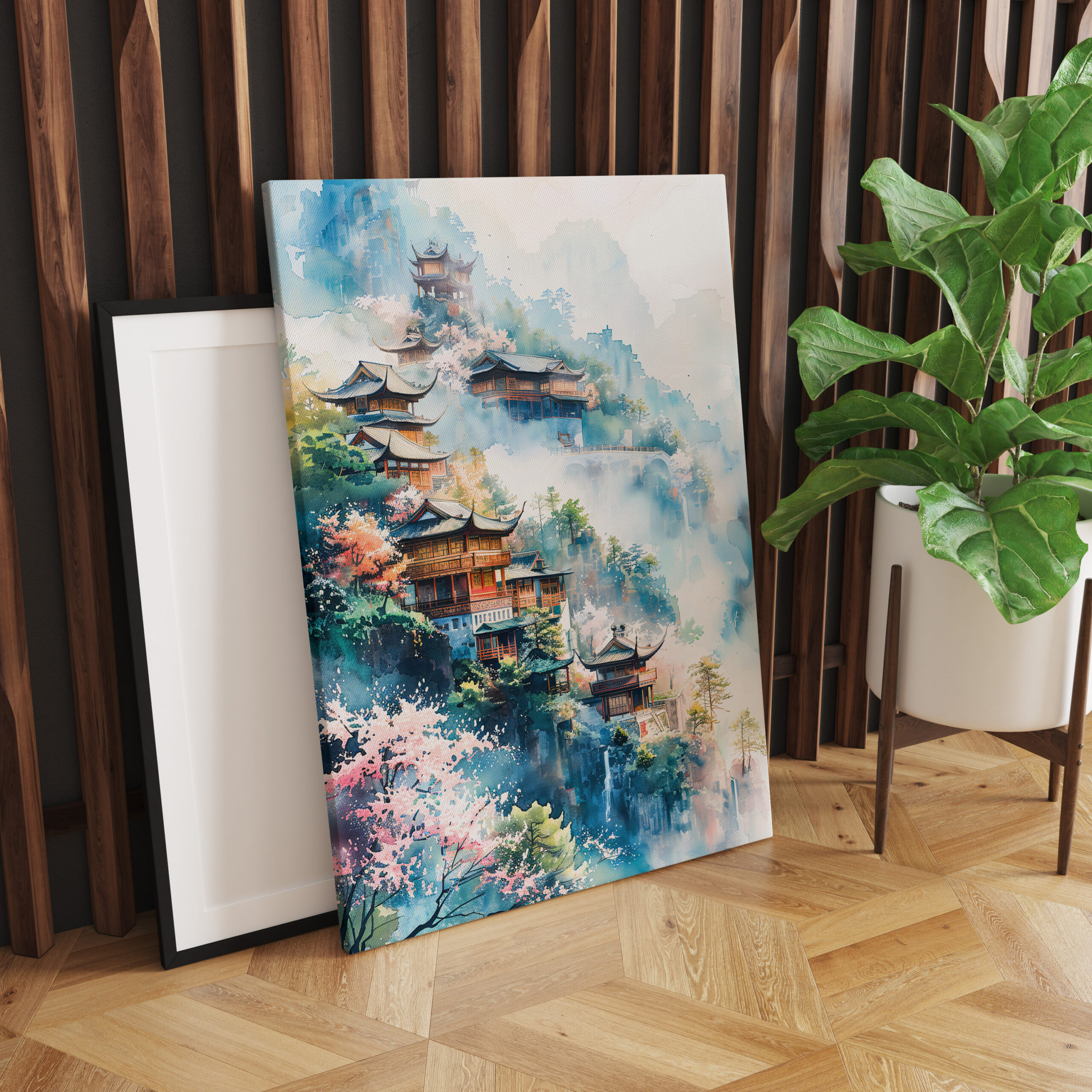 raxxa Canva: Hillside Village With Temple, Blooming Cherry Trees And Misty Mountains In Chinese Ink - immagine 2
