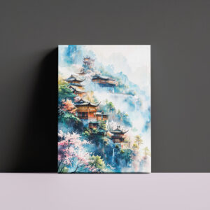 raxxa Canva: Hillside Village With Temple, Blooming Cherry Trees And Misty Mountains In Chinese Ink
