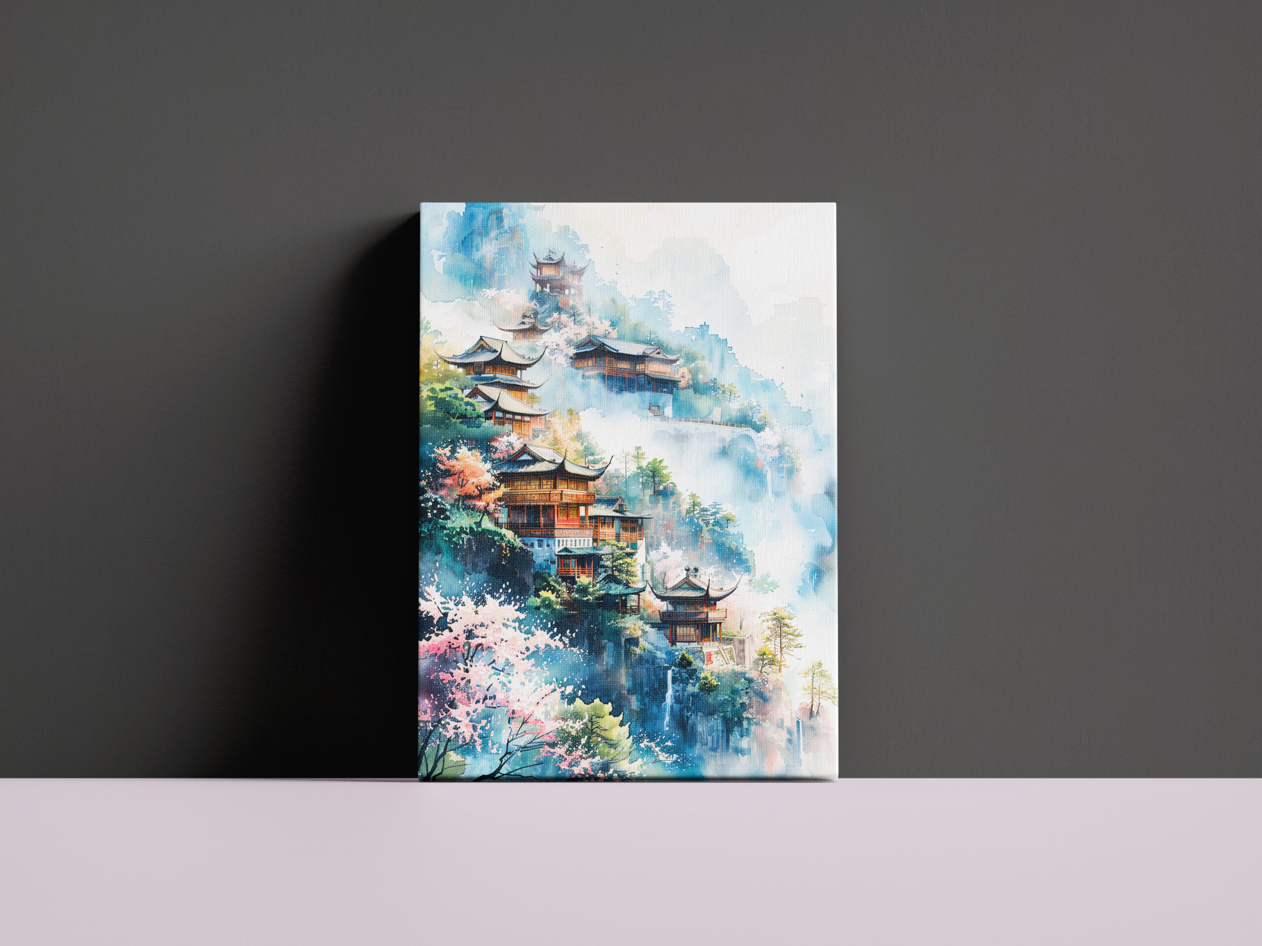 raxxa Canva: Hillside Village With Temple, Blooming Cherry Trees And Misty Mountains In Chinese Ink