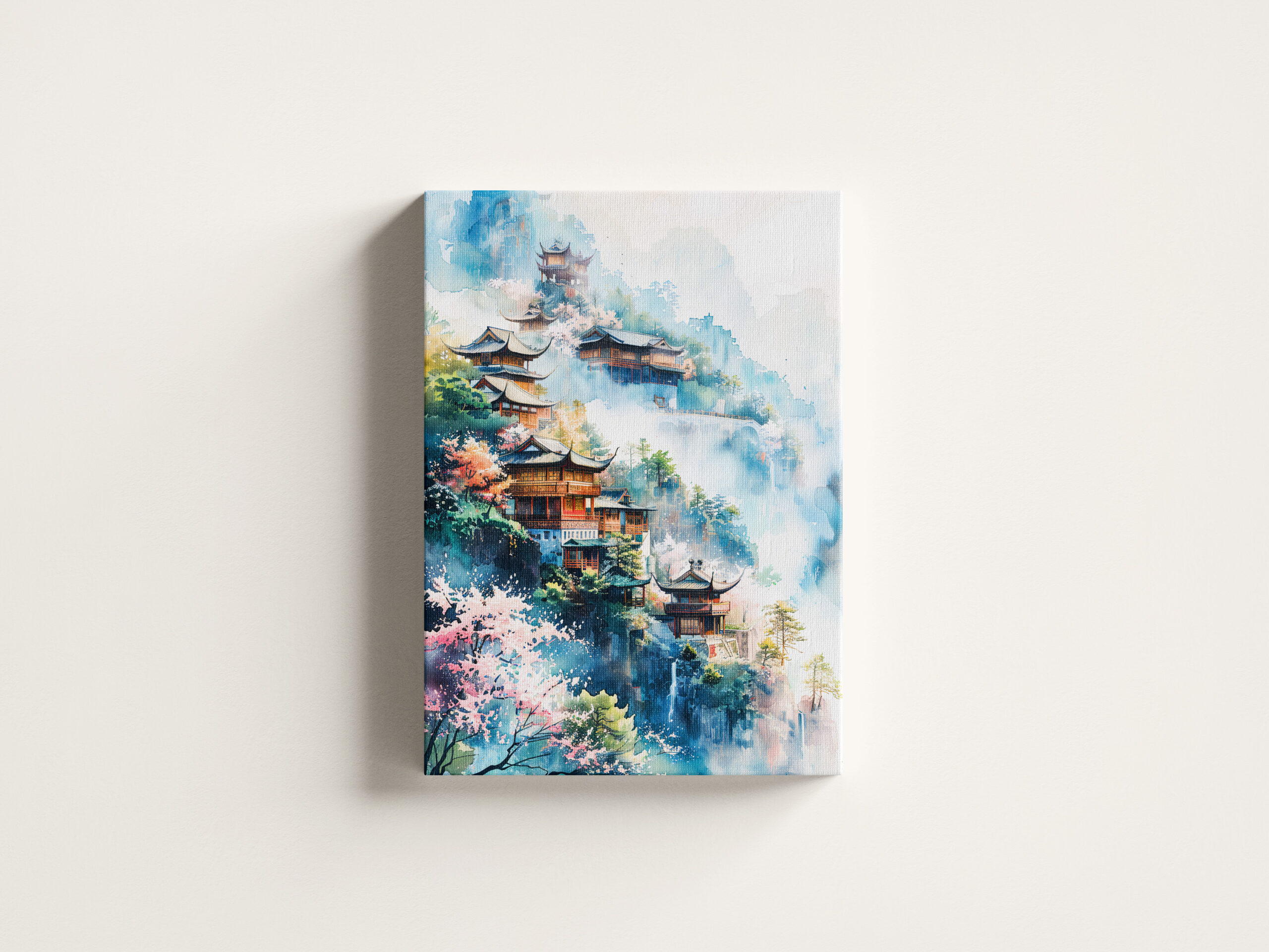 raxxa Canva: Hillside Village With Temple, Blooming Cherry Trees And Misty Mountains In Chinese Ink - immagine 3