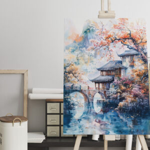 raxxa Canva: Watercolor painting of a temple and bridge by the river.