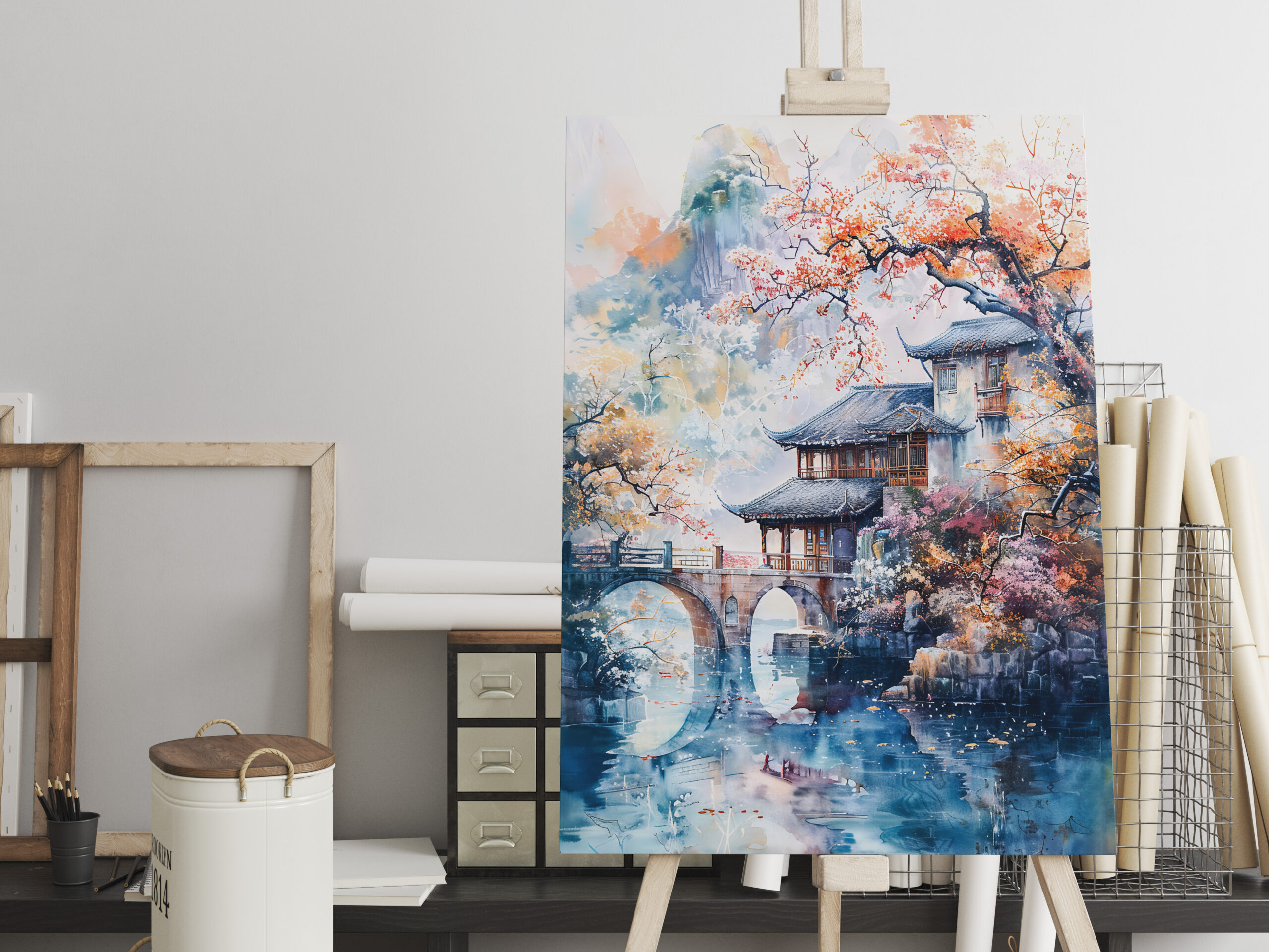 raxxa Canva: Watercolor painting of a temple and bridge by the river.