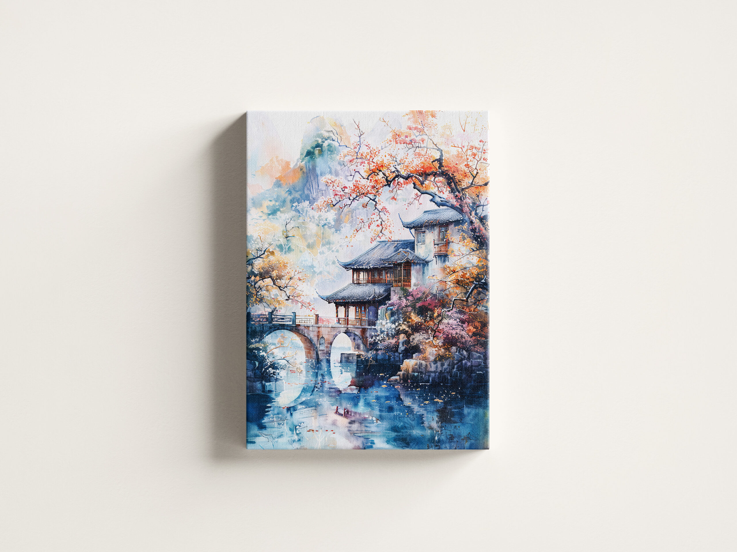 raxxa Canva: Watercolor painting of a temple and bridge by the river. – Bild 3