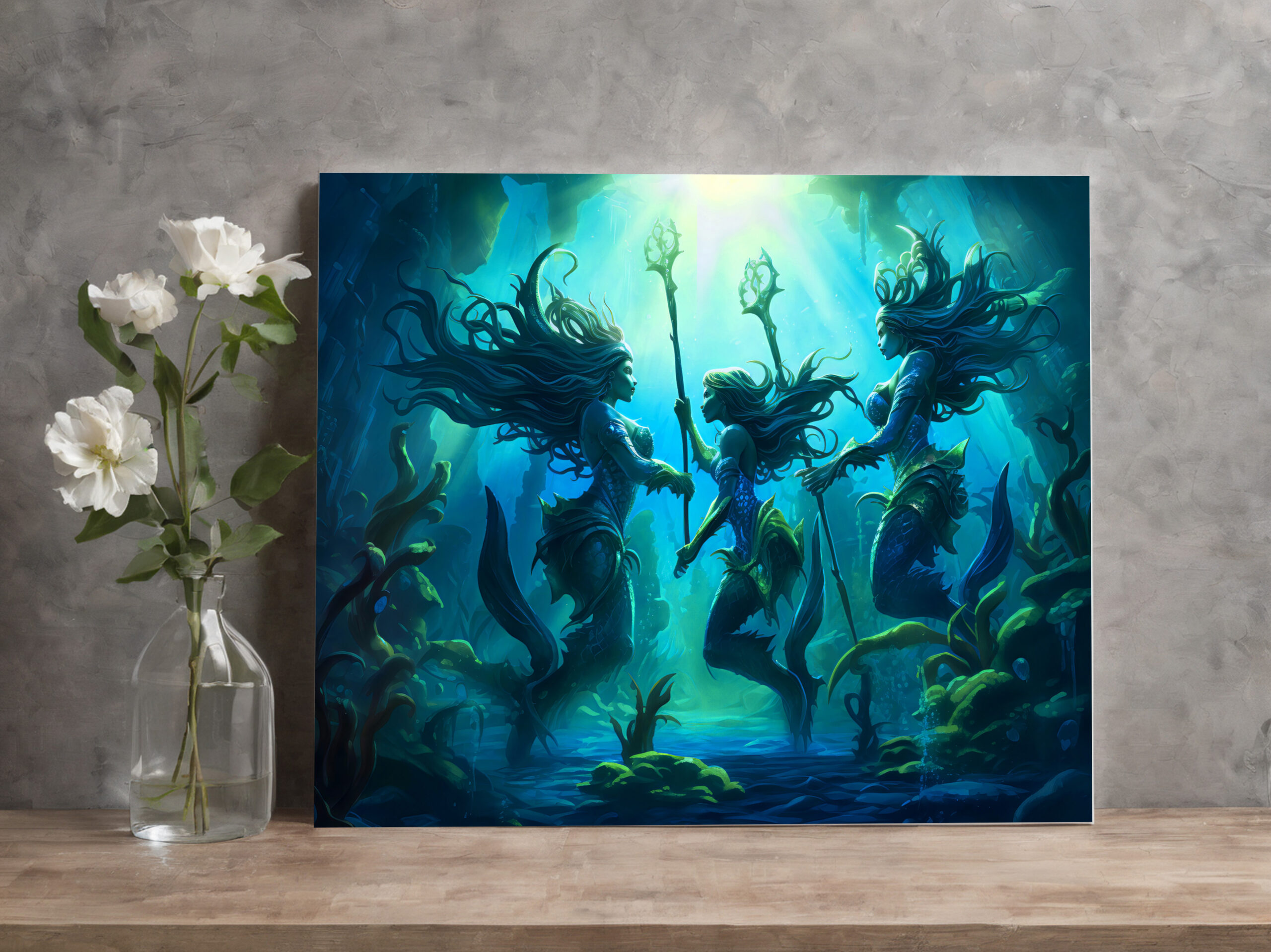 raxxa Canva: Three Sea Nymphs Holding Staffs Fantasy Painting